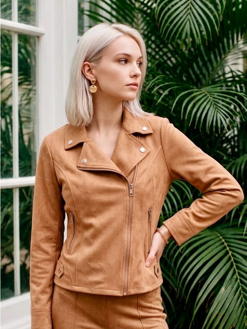 Faux Suede Moto Jacket - Tan